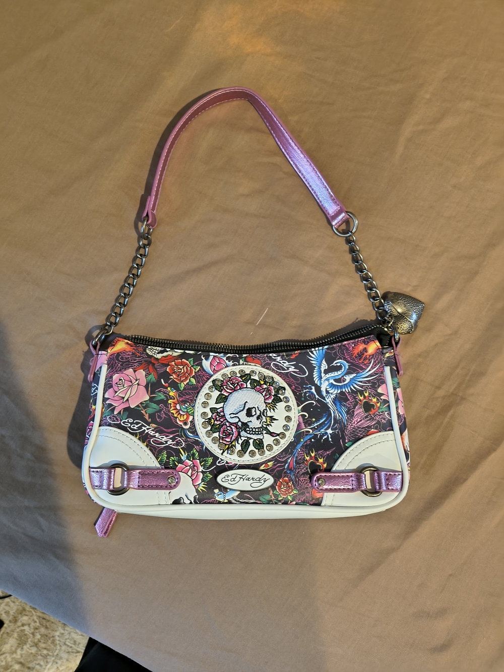 Ed Hardy Pink Floral Skull Chain Shoulder Bag with White Trim
